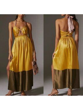 Anthropologie Silk Colorblocked Maxi Dress 2 Gold/Olive/Pink Halter Goddess NWT